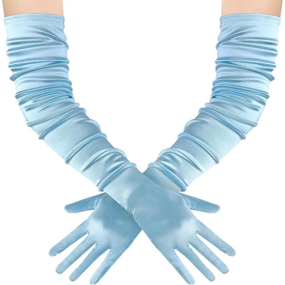 Women's Long Satin Gloves Baby Blue Stretchy Upper Arm Length Costume Design - Picture 2 of 5